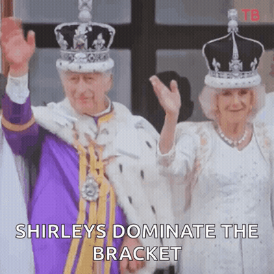 A Man And A Woman Wearing Crowns Are Standing Next To Each Other And Waving . GIF