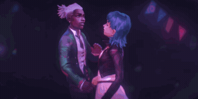 A Man And A Woman With Blue Hair Are Standing Next To Each Other . GIF