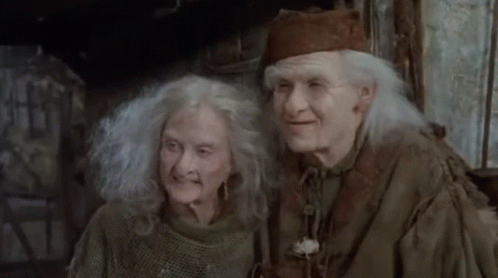 A Man And A Woman With Gray Hair Are Standing Next To Each Other And Smiling . GIF