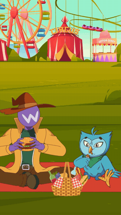 A Man And An Owl Are Having A Picnic In Front Of A Carnival Tent That Says Cotton Candy GIF