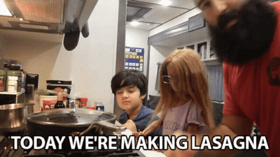 A Man And Two Children Are Preparing Lasagna In A Kitchen With The Caption Today We 'Re Making Lasagna GIF