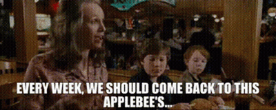 A Man And Two Children Are Sitting At A Table In A Restaurant With The Words Every Week We Should Come Back To This Appl GIF