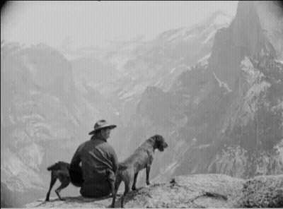 A Man And Two Dogs Are Sitting On Top Of A Rock Looking At A Mountain Range . GIF