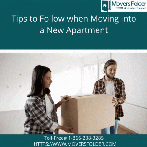 A Man And Woman Are Carrying A Cardboard Box In A New Apartment GIF