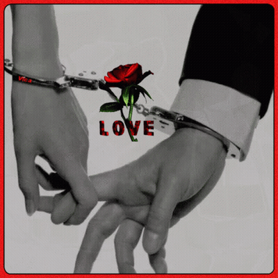 A Man And Woman Are Handcuffed Together And The Word Love Is On The Bottom Right GIF