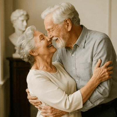 A Man And Woman Are Hugging And Smiling With A Bust In The Background GIF
