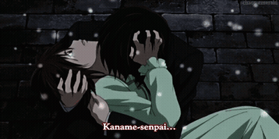 A Man And Woman Are Hugging With Kaname-Senpai Written On The Bottom Right GIF
