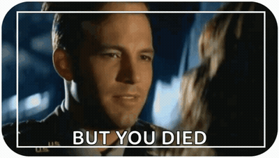 A Man And Woman Are Looking At Each Other With The Words But You Died Written Below Them GIF