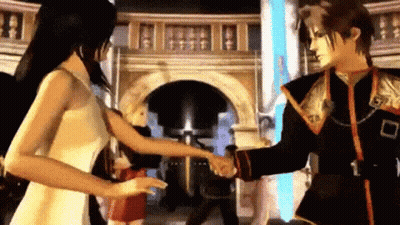 A Man And Woman Are Shaking Hands In Front Of A Building . GIF
