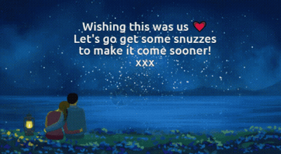 A Man And Woman Are Sitting In Front Of A Body Of Water With A Wishing Message GIF
