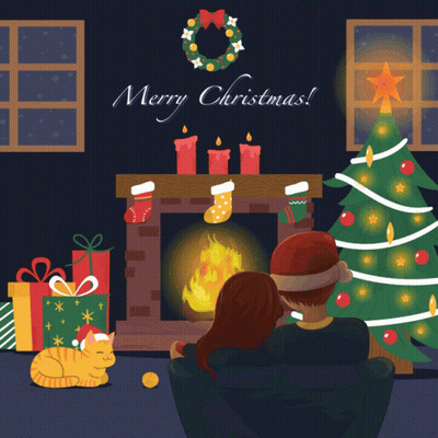 A Man And Woman Are Sitting In Front Of A Fireplace And A Christmas Tree GIF