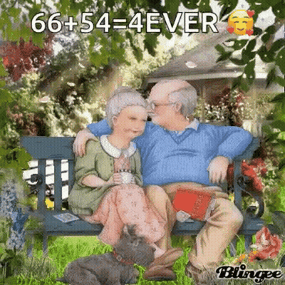 A Man And Woman Are Sitting On A Bench With A Dog . GIF