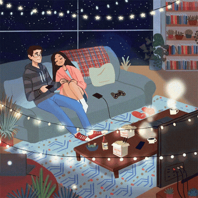 A Man And Woman Are Sitting On A Couch Playing A Video Game GIF
