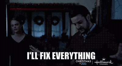 A Man And Woman Are Standing In A Dark Room With The Words I 'Ll Fix Everything Above Them GIF