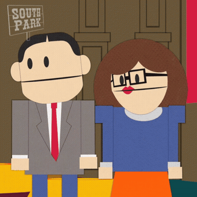 A Man And Woman Are Standing In Front Of A South Park Sign GIF