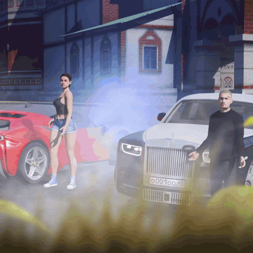 A Man And Woman Are Standing Next To A Rolls Royce GIF