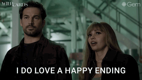 A Man And Woman Are Standing Next To Each Other And The Woman Is Saying I Do Love A Happy Ending GIF
