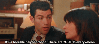 A Man And Woman Are Talking And The Man Says It 'S A Horrible Neighborhood GIF