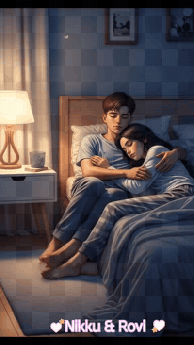 A Man And Woman Hugging On A Bed With The Name Nikki & Rovi On The Bottom Right GIF