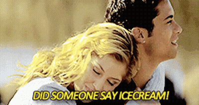 A Man And Woman Hugging With The Words Did Someone Say Ice Cream GIF