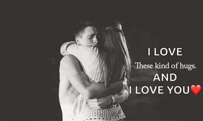 A Man And Woman Hugging With The Words " I Love These Kind Of Hugs And I Love You " GIF