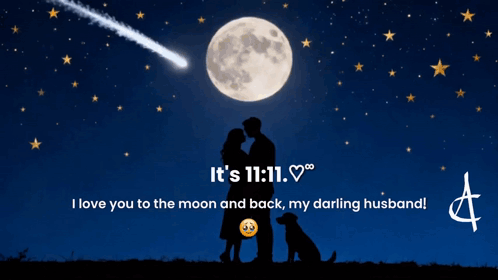A Man And Woman Kissing In Front Of A Full Moon With The Words I Love You To The Moon And Back My Darling Husband Below GIF