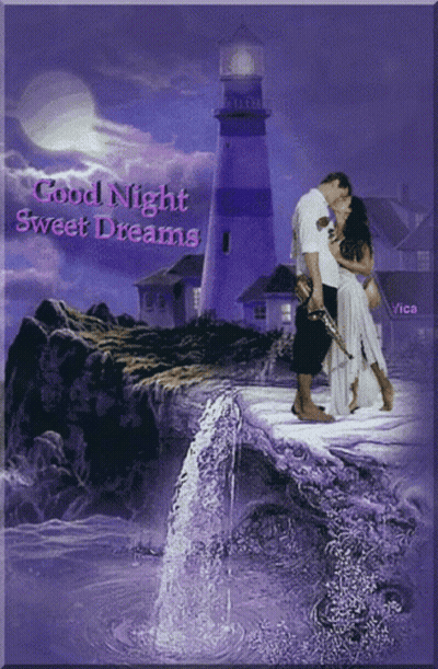 A Man And Woman Kissing In Front Of A Lighthouse With The Words Good Night Sweet Dreams GIF