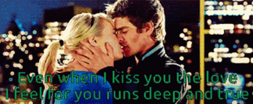 A Man And Woman Kissing With The Words " Even When I Kiss You The Love Feels For You Runs Deep And True " GIF
