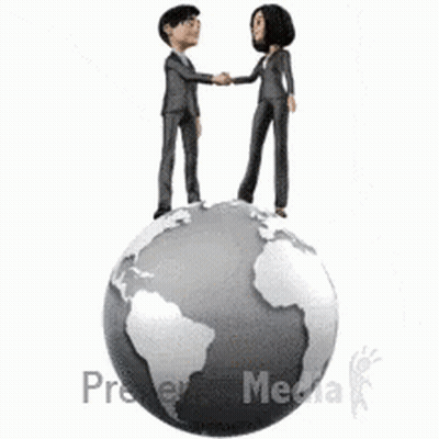 A Man And Woman Shake Hands On Top Of A Globe GIF