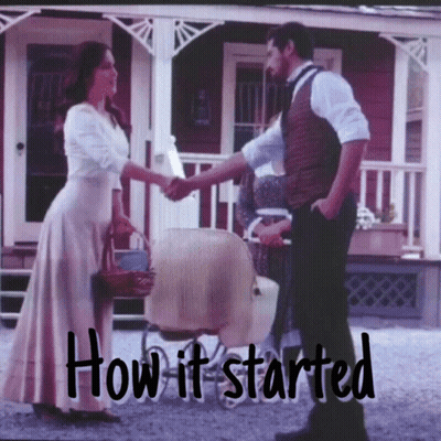 A Man And Woman Shaking Hands In Front Of A House With The Words " How It Started " Below Them GIF