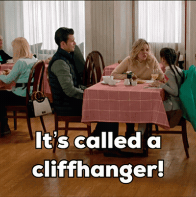 A Man And Woman Sit At A Table In A Restaurant With A Caption That Reads It 'S Called A Cliffhanger GIF