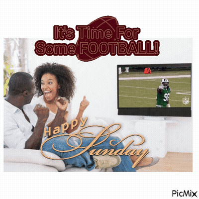 A Man And Woman Sitting On A Couch Watching A Football Game With The Words It 'S Time For Some Football Happy Sunday GIF