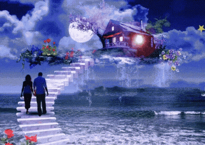 A Man And Woman Walking Up Stairs To A House GIF