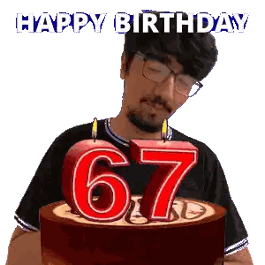 A Man Blowing Out A Candle On A Cake That Says 67 Sticker