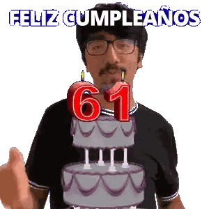 A Man Blowing Out Candles On A Birthday Cake With The Number 61 On It Sticker
