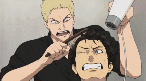 A Man Brushing Another Man 'S Hair While Holding A Hair Dryer GIF