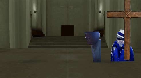A Man Carrying A Cross In A Church With The Words " The Power Of Christ Compels You " Below Him GIF