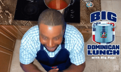 A Man Cooking In Front Of A Pot That Says Big Dominican Lunch With Big Papi GIF