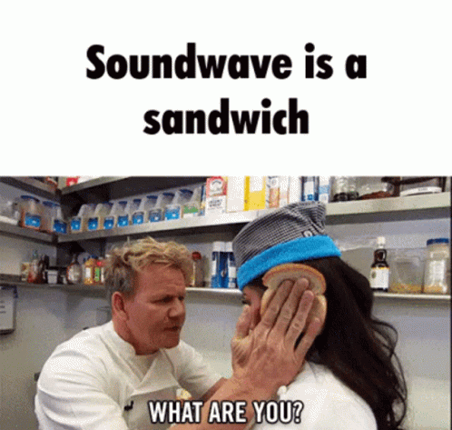 A Man Covering A Woman 'S Ear With A Sandwich And The Caption Soundwave Is A Sandwich GIF
