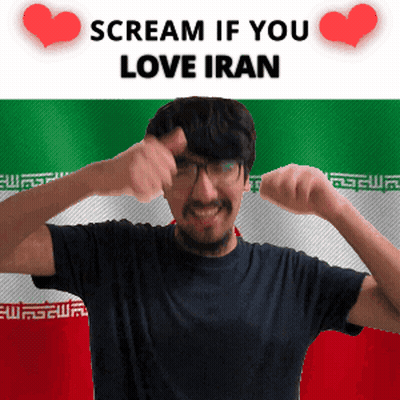 A Man Covering His Ears In Front Of An Iran Flag With The Words Scream If You Love Iran GIF