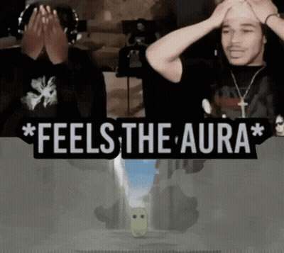 A Man Covering His Face Behind A Sign That Reads " Feels The Aura " GIF