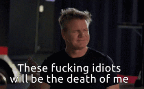 A Man Covering His Face With His Hand With The Words " These Fucking Idiots Will Be The Death Of Me " GIF