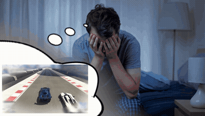 A Man Covering His Face With His Hands And A Thought Bubble With A Race Car In The Background GIF