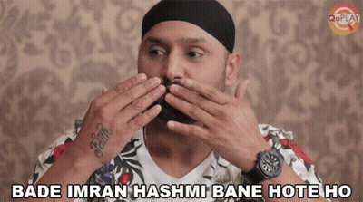 A Man Covering His Mouth With His Hands With The Words Bade Imran Hashmi Bane Hote Ho Below Him GIF