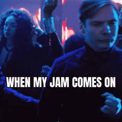 A Man Dancing In A Crowd With The Words When My Jam Comes On GIF