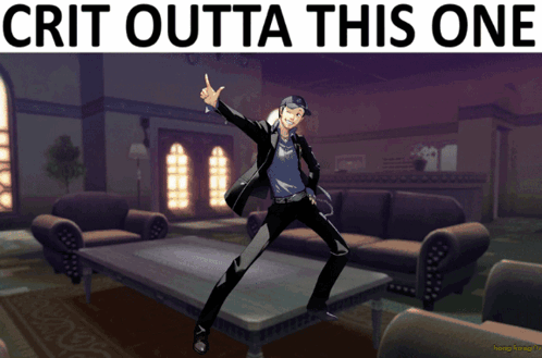 A Man Dancing In A Living Room With The Words Crit Outta This One GIF