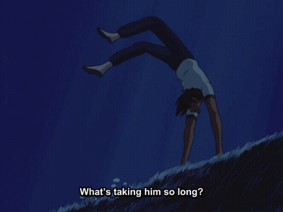 A Man Doing A Handstand With The Words " Maybe He Got Pooped Out And Went Back Without Me " GIF
