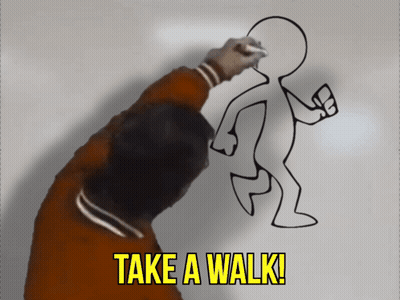 A Man Draws A Cartoon Figure With The Words Take A Walk Below It GIF