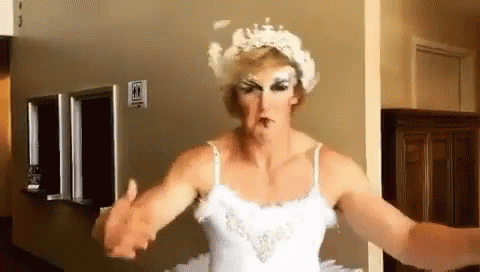 A Man Dressed As A Swan Is Shaking Hands With Another Person GIF