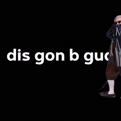 A Man Dressed As Benjamin Franklin Is Standing Next To A Folding Chair With The Words " On B Gud " On The Bottom GIF